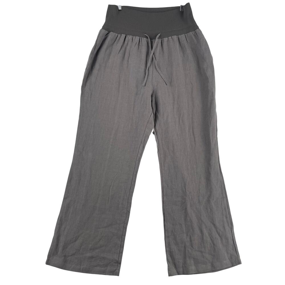 Mariyaab Womens Cropped Wide Leg Linen Pants SZ 18 Gray Ribbed Waist Drawstring
